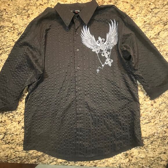 Vintage Patroncito Button Up Shirt Men XL All Black XXL Sleeve Gothic Y2K Cross - Picture 2 of 8